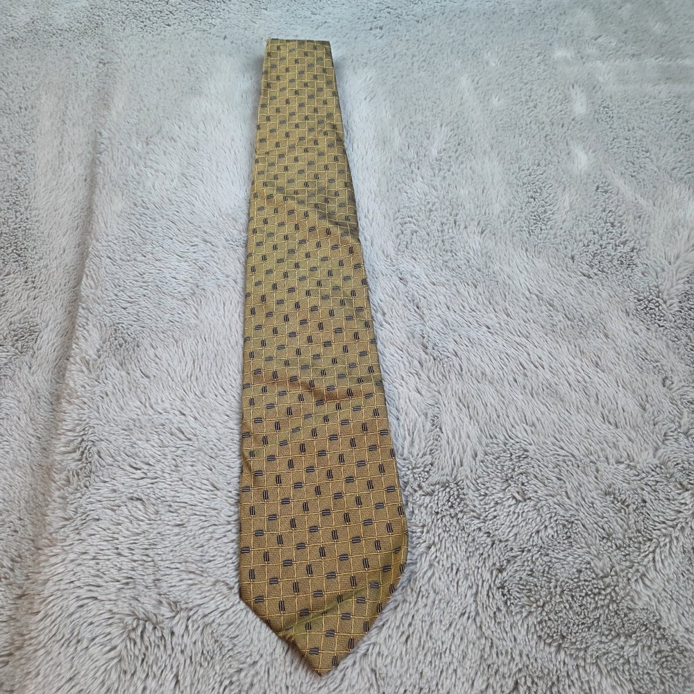 Trussini Silk Tie Mens OS Geometric Grid Pattern Made In Italy Gold Blue 59x3.75